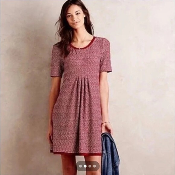 Anthropologie Maeve Burgundy White Short Sleeve A-Line Mini Dress. Size Medium. - Picture 2 of 12
